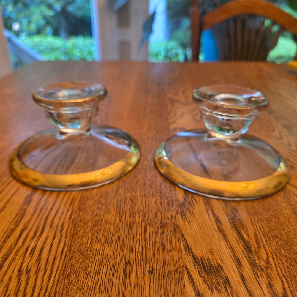 Vintage Clear Glass Candlestick Holders Gold Rim Taper Set of 2 Mid-Century MCM